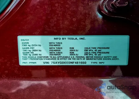 2022 Tesla Model Y from USA, damaged, VIN 7SAYGDEE0NF481650